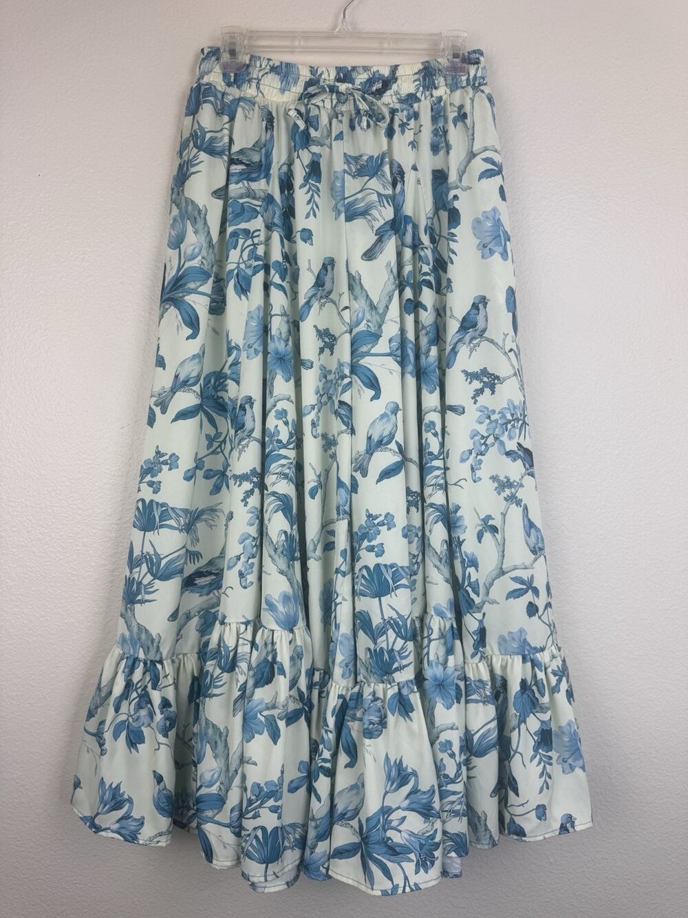 A Rare Bird Tropical Floral Bird Of Paradise Flowy Ruffled Satin Pants Blue OS